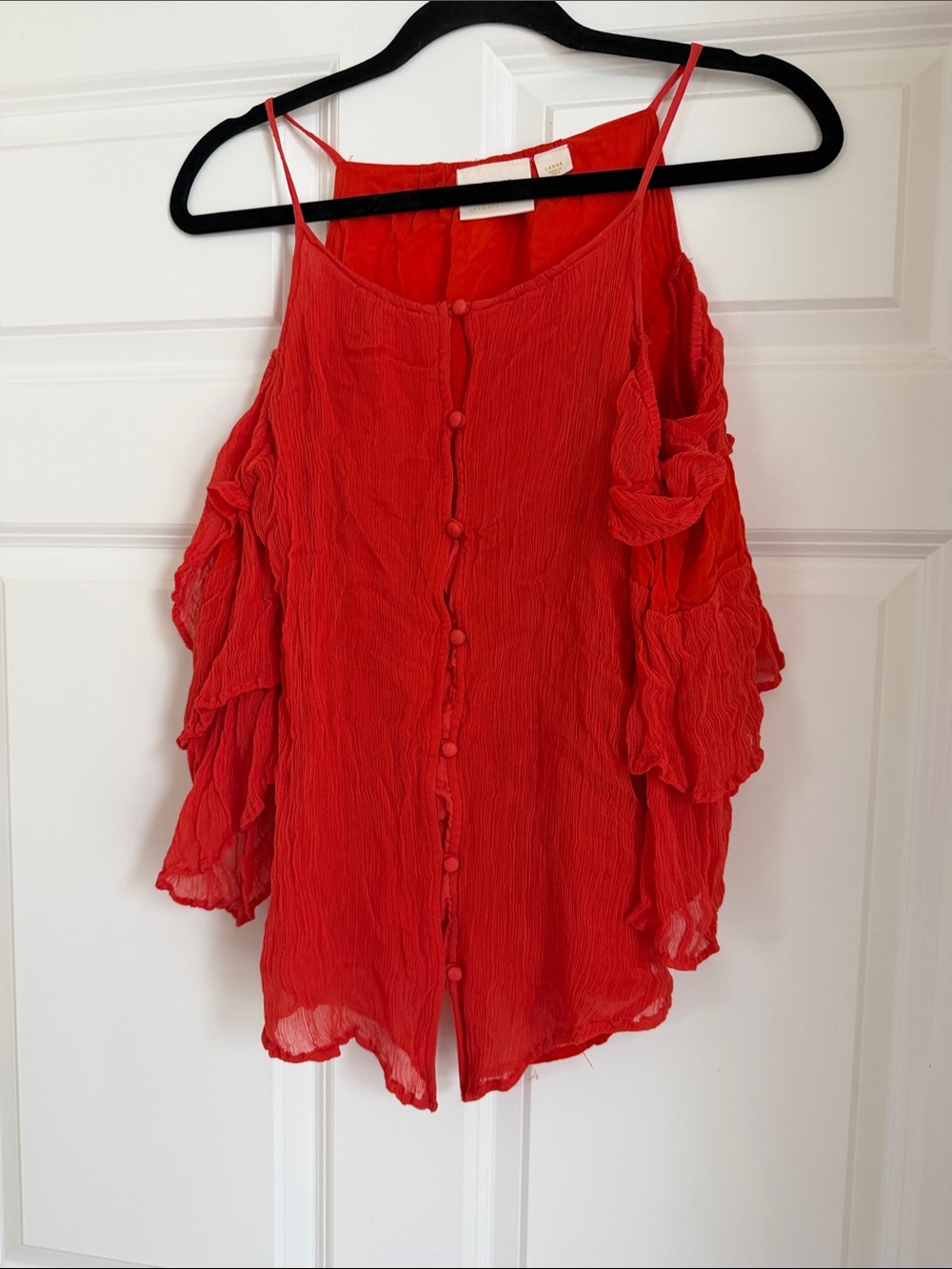 Maeve Red Cold-Shoulder Ruffle Button-Front Blouse - Picture 2 of 6